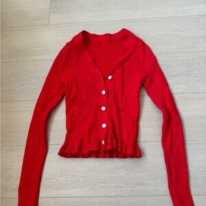 Red Ribbed Cardigan with White Buttons
